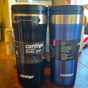 Two Contigo insulated tumblers. One is black and the other is blue. New.